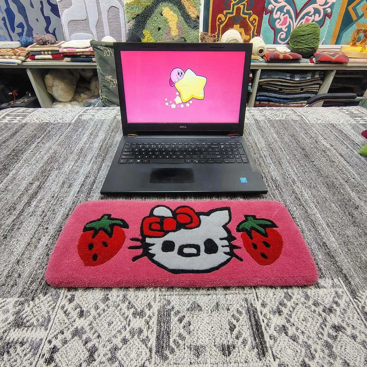 Pink Bow Cat Cartoon Keyboard Rug — Front view